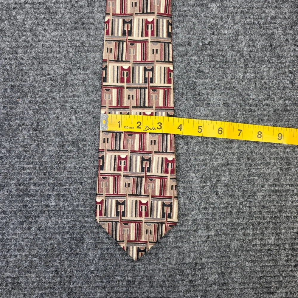 Vintage Gianfranco Ruffini Italy Abstract Silk Tie Men's Burgundy Tan Grey Short